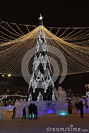 Chelyabinsk, Ural Russia - 01 03 2023: New Year's Square in the center of Chelyabinsk and an ice town with sculptures. Editorial Stock Photo