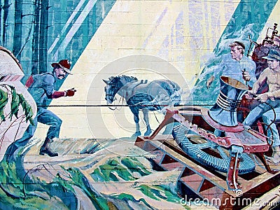 `Steam Donkey at Work` this mural is part of the Chemainus Festival of Murals. Editorial Stock Photo