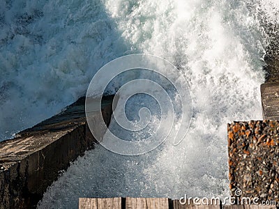 Chemal hydroelectric power station. Top view of the seething stream of water. Selective focus. Chemal, Altai Republic, Russia Stock Photo