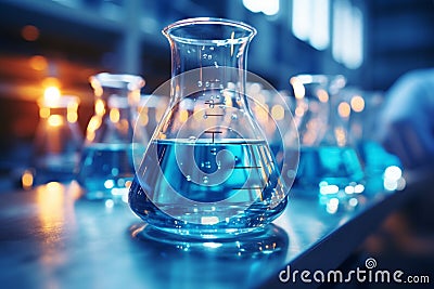 Chemical analysis Chemists use beakers, flasks, test tubes in experiments Stock Photo