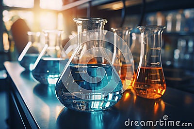 Chemical analysis Chemists use beakers, flasks, test tubes in experiments Stock Photo