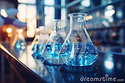 Chemical analysis Chemists use beakers, flasks, test tubes in experiments Stock Photo