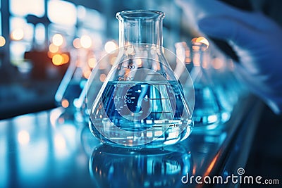 Chemical analysis Chemists use beakers, flasks, test tubes in experiments Stock Photo