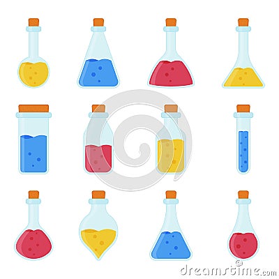 Chemical, biological science laboratory equipment - test tubes and flasks icons. Vector Illustration