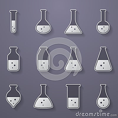 Chemical, biological science laboratory equipment - test tubes and flasks icons Vector Illustration