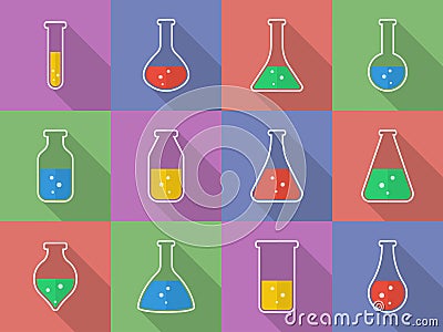 Chemical, biological science laboratory equipment - test tubes and flasks icons Vector Illustration