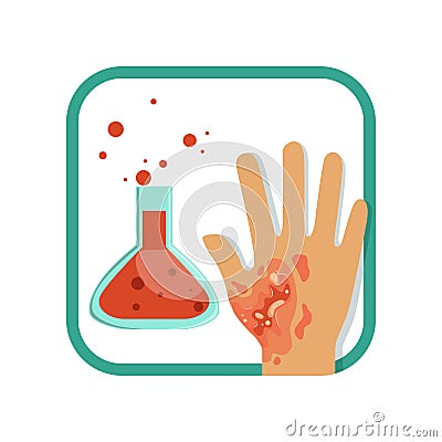 Chemical burn of third-degree. Hand with damaged outer epidermis and inner dermis layer of skin. Severe injury. Flat Vector Illustration