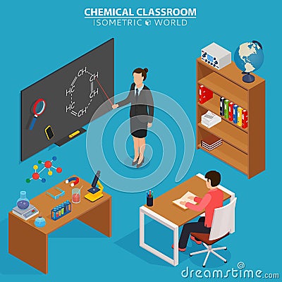 Chemical classroom. School education isometric design concept with teacher at blackboard and pupil in classroom. Vector Illustration