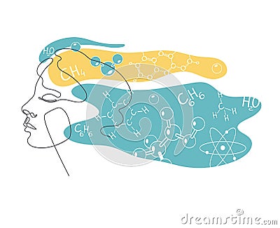 Chemical elements, molecules and crystal lattices in a female head. Female profile drawn in one line. Vector Illustration