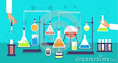 Chemical equipment in chemistry analysis laboratory. Science school research lab experiment vector background Vector Illustration