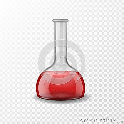 Chemical equipment glassware with color lab reagent. Medical pharmacy or biology laboratory 3d bottle with red liquid Cartoon Illustration