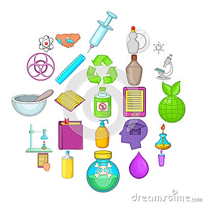 Chemical experience icons set, cartoon style Vector Illustration
