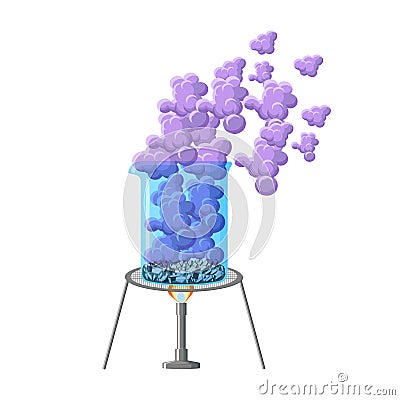 Chemical experiment showing heating beaker with crystals and smoke.Iodine sublimation. Vector Illustration