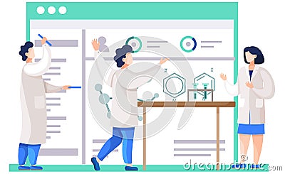 Chemical experiments. Chemists monitoring research progress. Man with tube holders in his hands Vector Illustration