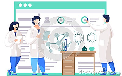 Chemical experiments. Chemists monitoring research progress. Model of chemical compounds on poster Stock Photo