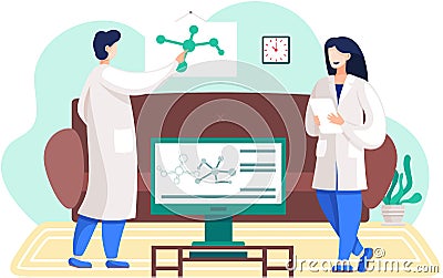 Chemical experiments at home. Molecule model on the wall. Chemists are monitoring research progress Stock Photo