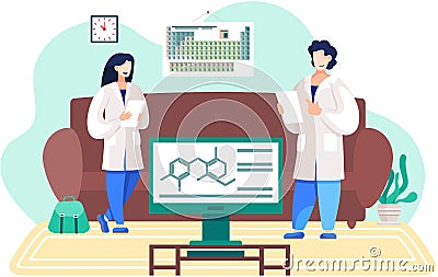 Chemical experiments at home. Periodic table on the wall. Chemists are monitoring research progress Stock Photo