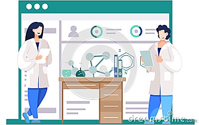 Chemical experiments results. Chemists monitoring research progress. Model of molecule on the poster Stock Photo