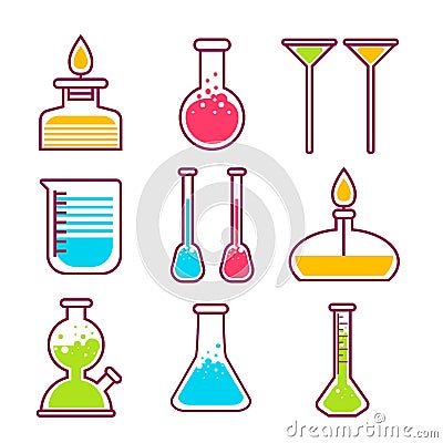 Chemical flasks chemistry science laboratory equipment isolated objects Vector Illustration