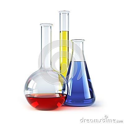 Chemical flasks with reagents Stock Photo