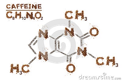 Chemical formula of Caffeine. Mixed media artwork by coffee grain. Stock Photo