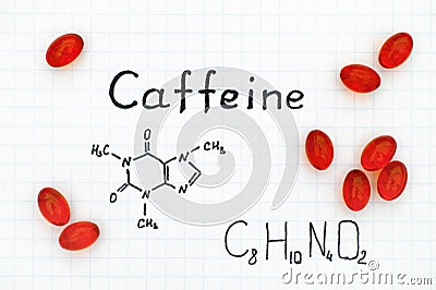 Chemical formula of Caffeine with red pills. Stock Photo