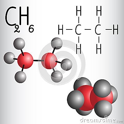 Chemical formula and molecule model of Ethane C2H6 Vector Illustration