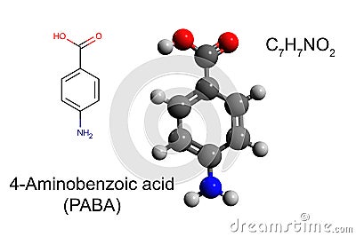 Chemical formula, skeletal formula and 3D ball-and-stick model of 4-Aminobenzoic acid (PABA) Stock Photo