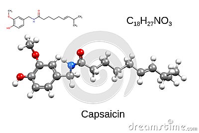 Chemical formula, skeletal formula and 3D ball-and-stick model of capsaicin, white background Stock Photo