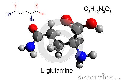 Chemical formula, structural formula and 3D ball-and-stick model of L-glutamine Stock Photo