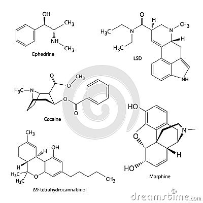 Chemical formulas of illicit drugs and substances Vector Illustration