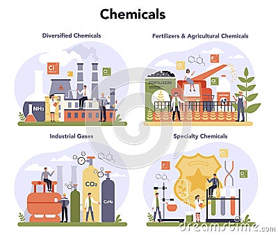 Chemical industry concept set. Industrial chemistry and chemicals Vector Illustration