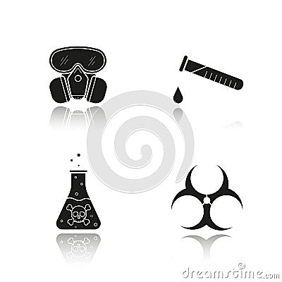 Chemical industry drop shadow black icons set Vector Illustration