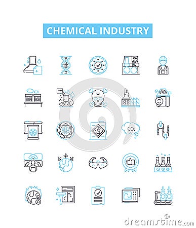 Chemical industry vector line icons set. Chemicals, Industry, Petrochemicals, Fertilizers, Petroleum, Synthetics Vector Illustration