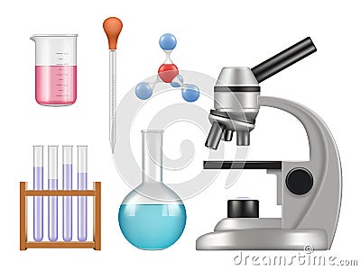 Chemical lab items. Science laboratory collection bottles microscope glass tubes biology vector realistic tools Vector Illustration