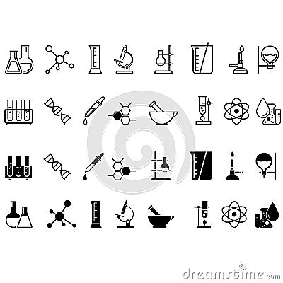 Chemical lab vector icon set. research illustration sign collection. Chemistry and biotechnology symbol. Vector Illustration