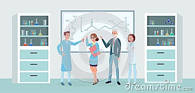 Chemical lab workers meeting flat illustrations. Professional chemists team, chemistry experts and laboratory assistants Vector Illustration
