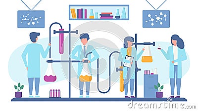 Chemical laboratory antivirus vaccine search scientists team doing pharmaceutical researches vector illustration. Vector Illustration