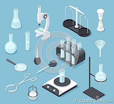 Chemical laboratory equipment isometric. Lab glasses drug testing chemicals microscope flask chemistry equipment Vector Illustration