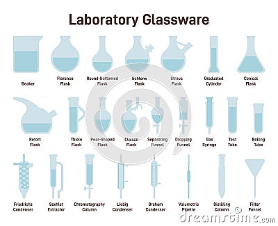 Chemical laboratory flasks, tubes and retorts set. Chemical equipment. Cartoon Illustration