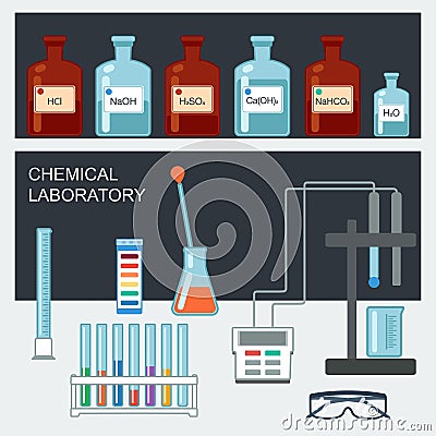 Chemical Laboratory. Flat design. Chemical glassware, measuring utensils, ion electrode, test pH paper. Vector Vector Illustration