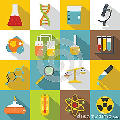 Chemical laboratory icons set, flat style Vector Illustration