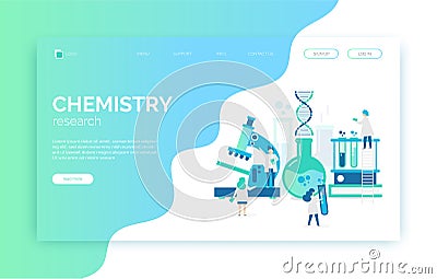 Chemical laboratory illustration with scientists, microscope, tubes, dna, researches. Vector Illustration