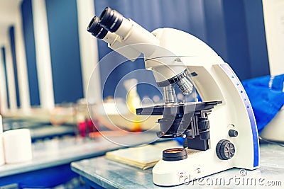 Chemical laboratory microscope and tools. Scientific and healthcare research Stock Photo