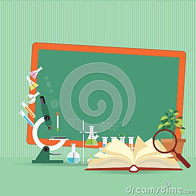 Chemical laboratory Science lesson with open book and microscope Vector Illustration