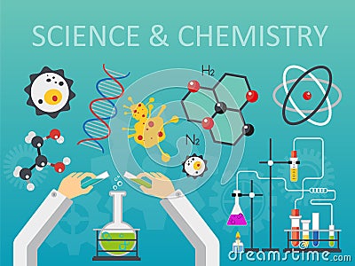 Chemical laboratory science and technology flat style design vector illustration. Scientists hands workplace concept. Vector Illustration