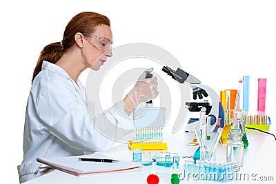 Chemical laboratory scientist woman multi channel pipette Stock Photo