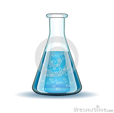 Chemical laboratory transparent flask with blue Vector Illustration