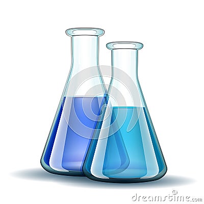 Chemical laboratory transparent flasks with blue Vector Illustration