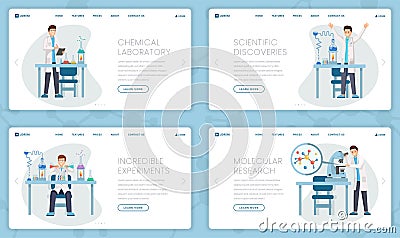 Chemical laboratory vector landing pages set. Cartoon researchers, scientists doing tests, experiments, studying Vector Illustration